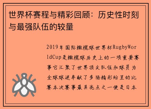 世界杯赛程与精彩回顾：历史性时刻与最强队伍的较量
